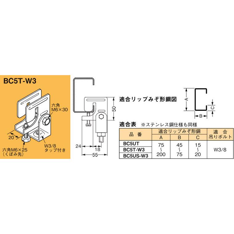 BC5T-W3 ネグロス 吊り金具 吊りボルト用支持金具(リップみぞ形鋼用