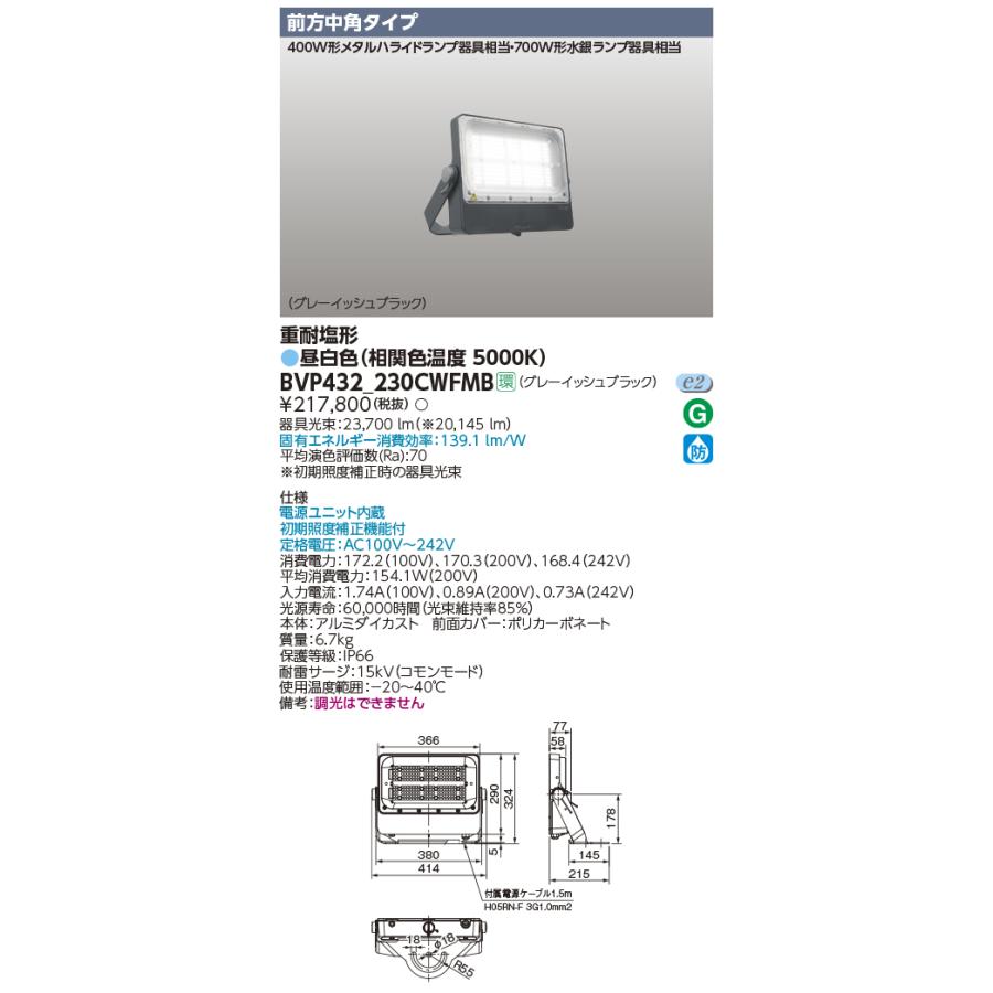 BVP432-230CWFMB 東芝 LED小型投光器 重耐塩形 前方中角 昼白色