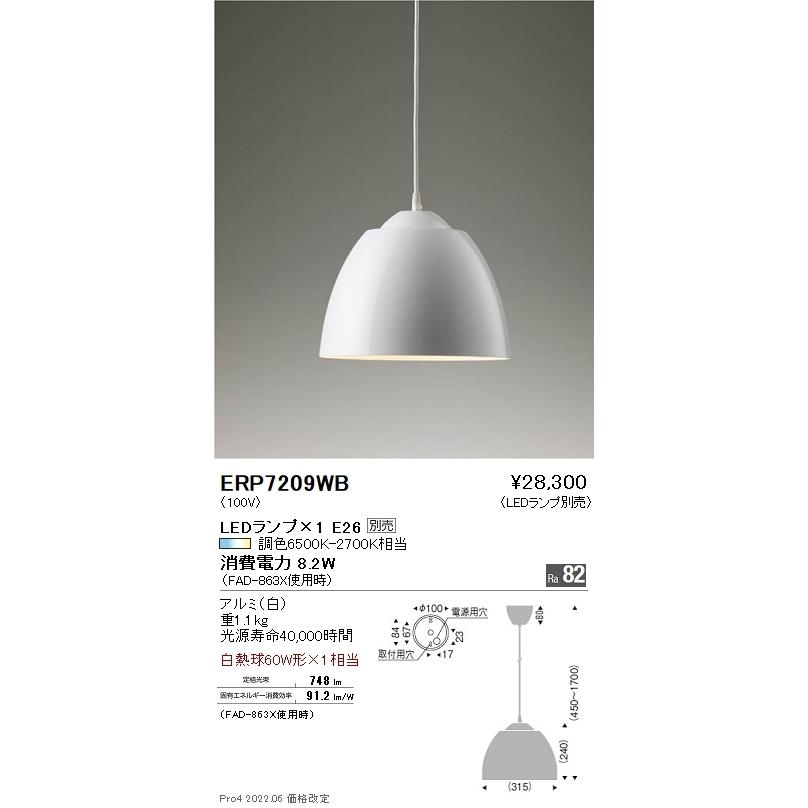 ERP7209WB 遠藤照明 ペンダント【ランプ別売】 : タロトデンキ - 通販 