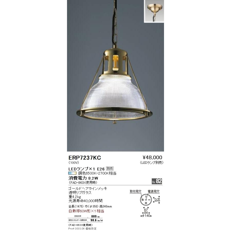 ERP7237KC 遠藤照明 ペンダント（高天井用）チェーン吊りフレンジ