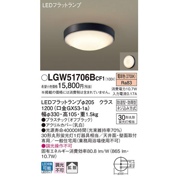 Panasonic（パナソニック） LGW51706BCF1 軒下用シーリングライト LED 