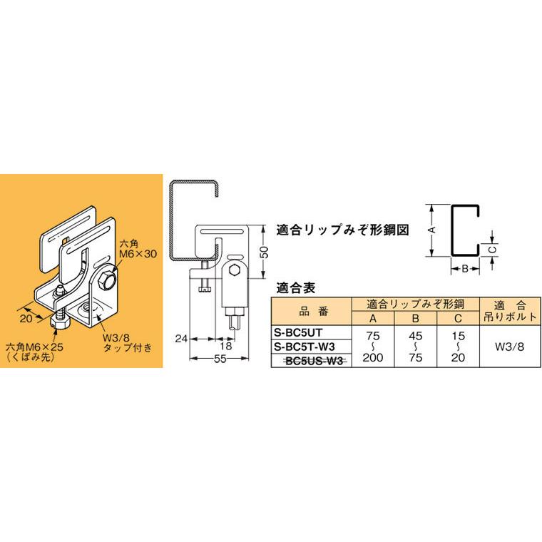 S-BC5T-W3 ネグロス 吊り金具 吊りボルト用支持金具(リップみぞ形鋼用