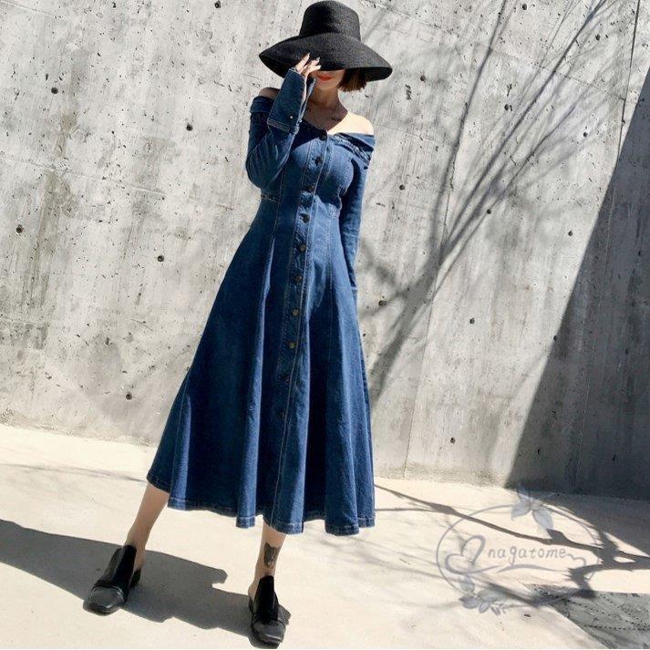 大評判 ロング デニム ワンピース オフショルダー ワンピース 長袖 レディース ボタン 細見え 肌見せ 肩出し 大きいサイズ 3l 小さいサイズ 3s 通販超特価 Paynow Universalpapershredding Com