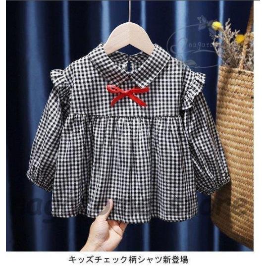 シャツブラウス キッズ ジュニア 女の子 長袖 黒 秋 フリル 可愛い おしゃれ シンプル 女児 ゆったり チェック柄 動きやすい トップス 子供服 激安ブランド