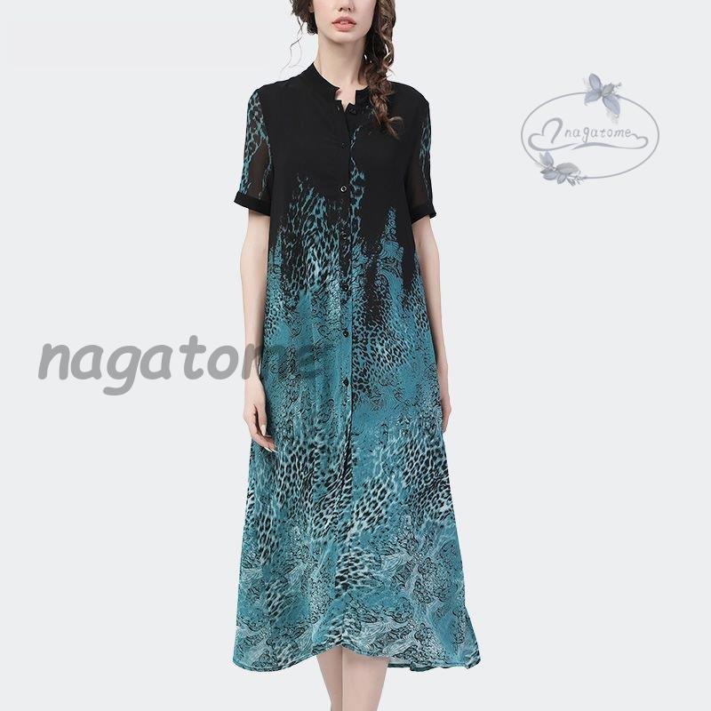 公式専門店 ワンピース シャツワンピース プリント柄 半袖 透け感 スタンドカラー フロントボタン ロング丈ワンピ 涼しげ 休日 ストリート 爽やか ママ Wgb41 通販直営 Omassci Com