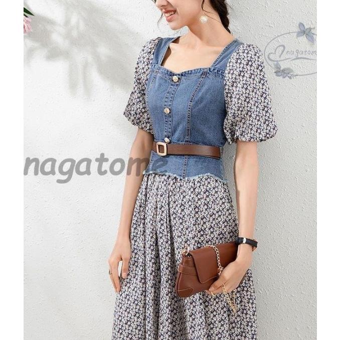 ワンピース ドッキングワンピ 花柄 半袖 デニム生地 ベルト ウエスタン ストリート フェミニン 可愛い ママスタイル 美人 ドライブ かわいい Reg76 Ng0708 Sb607 永留幹也 通販 Yahoo ショッピング