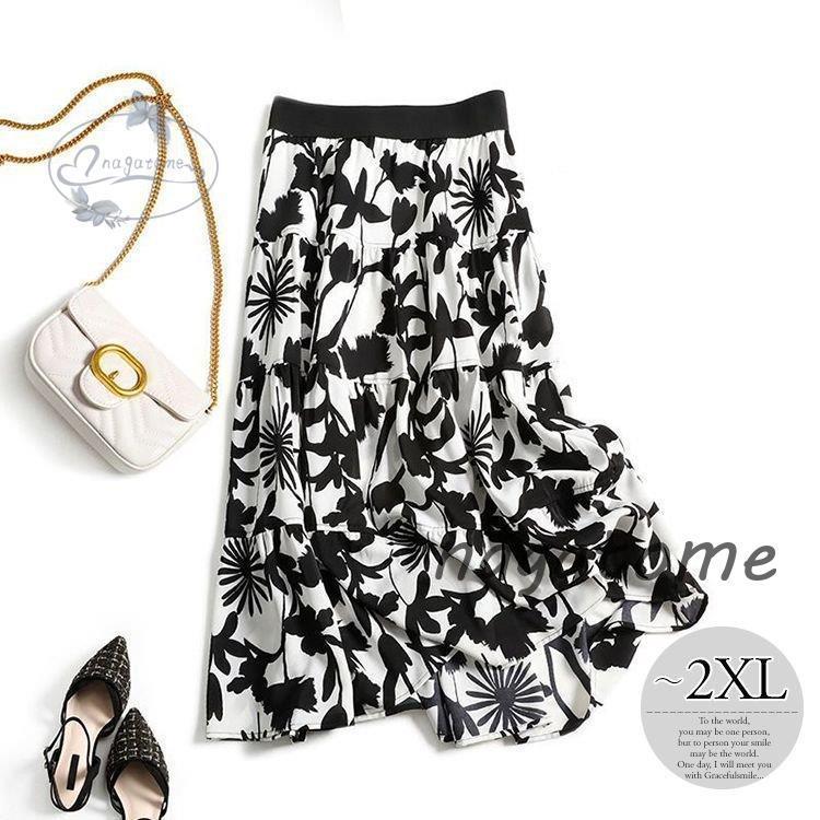 スカート 花柄 総柄プリント ロング丈 白黒 ティアードスカート ストリート クール ミセス お出かけファッション フィット Ng0714 Gg112 永留幹也 通販 Yahoo ショッピング