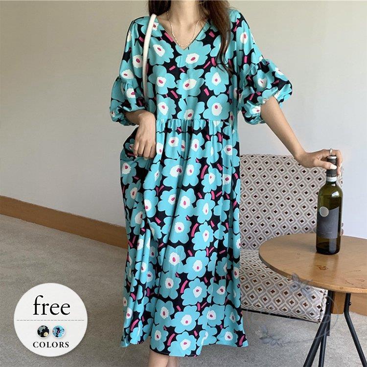 ワンピース ロング Vネック 花柄 マリメッコ ゆったり感 お出かけ フェミニン おしゃれ ブルー ブラック可愛い 魅力的 母親 モダン Ng0 Gmzh196 永留幹也 通販 Yahoo ショッピング