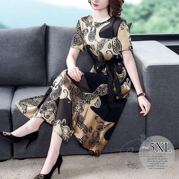 ワンピース スカーフ柄 ラウンドネック ウエストリボン 大きいサイズ 光沢 ガーリー クール 美人 お出かけファッション キレイ目 上品 デート Ng0 Gmzh322 永留幹也 通販 Yahoo ショッピング