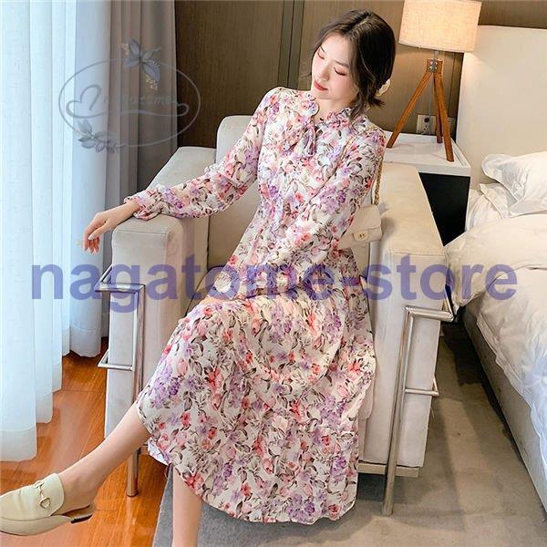 ワンピース レディース 長袖 ワンピース 花柄 ロングワンピ フラワー リボン シフォンワンピ 可愛い オシャレ長袖 花柄ワンピース 秋物 16春 夏新作