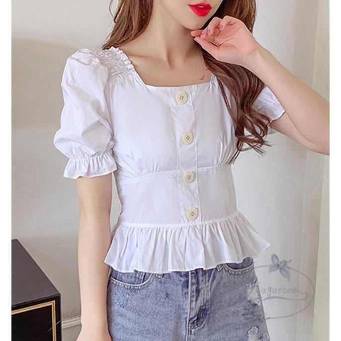 トップス レディース フェミニン 夏 ブラウス パフルシーブ 裾フリル 半袖 スクエアネック 無地 きれいめ 可愛い おしゃれ 大人 デート S Xl パープル 春のコレクション