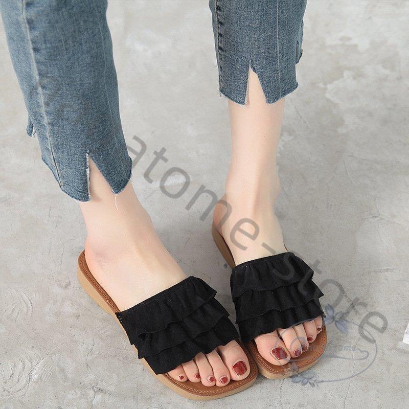 100 本物 ローヒール スエード調 夏 レディース スリッパ 靴 サンダル ビーチサンダル フリル リボン 歩きやすい ぺたんこ フラット サンダル カラー イエロー