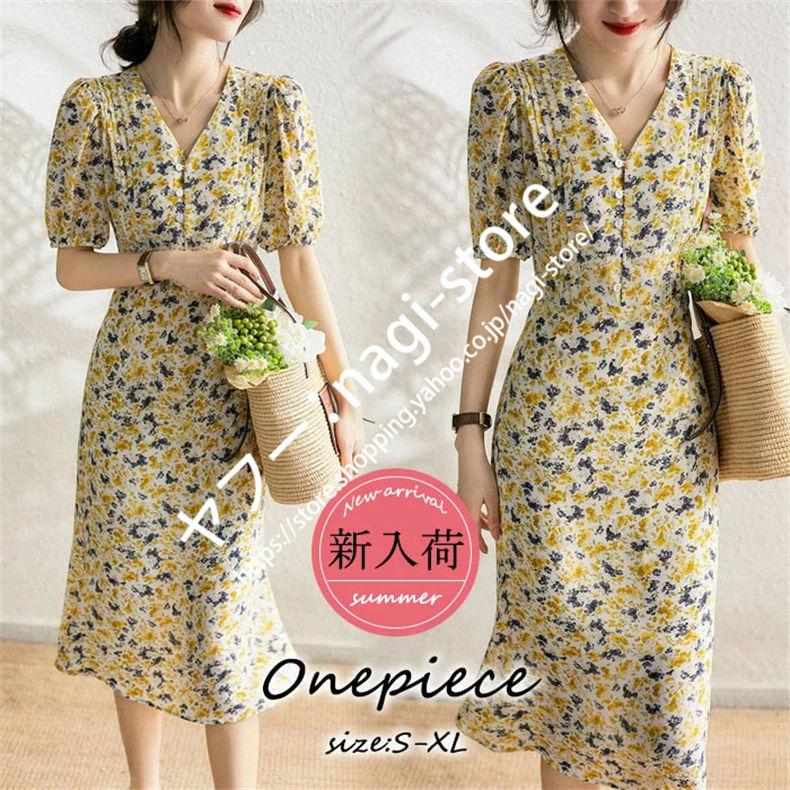 ブランド雑貨総合 ワンピースレディース 40代 きれいめ 膝丈ワンピース 春夏新作 半袖ワンピース 花柄パフスリーブ シフォンフレアスカート オシャレ韓国風 Cisama Sc Gov Br