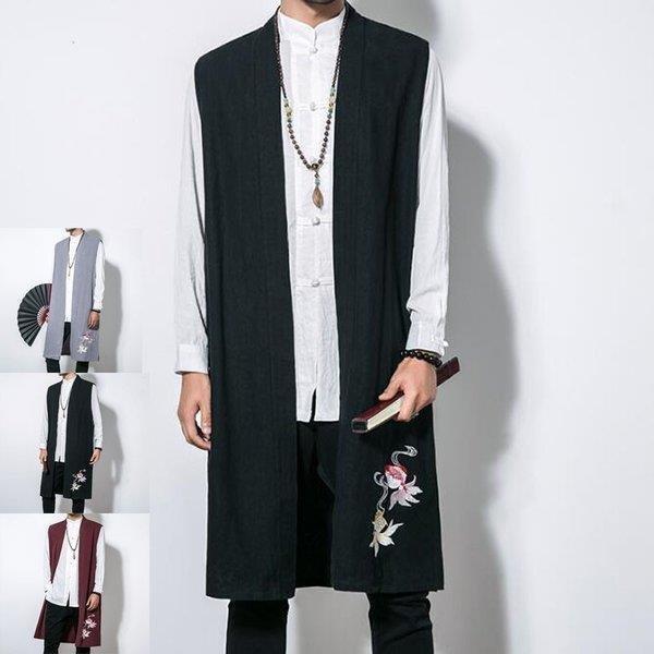 激安特価 カーディガン メンズ 刺繍 ジャケット 通気 綿麻リネン 袖なしノースリーブ 春夏 開襟 和服風 メンズ ベスト カーディガン リネン 綿麻 ベスト 開襟 トップス