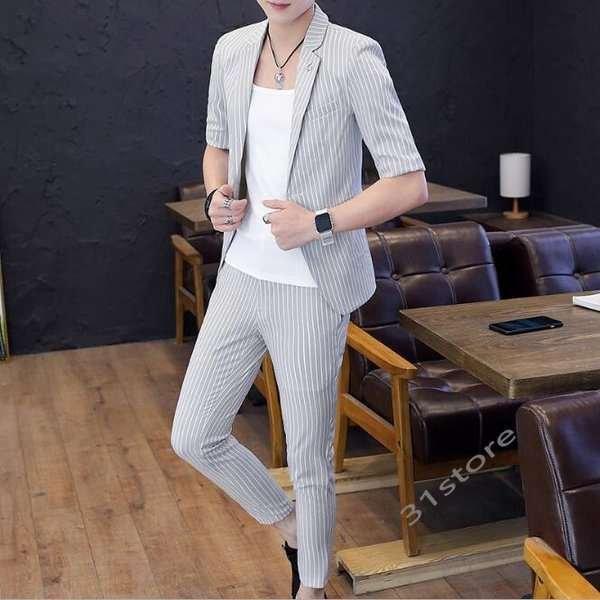 最も メンズスーツセット 春夏新作 紳士服 ビジネスカジュアルパーティー結婚式 メンズスーツセットストライプ一つボタン半袖九分丈スーツ2点セット ビジネス カジュアル パーティー 結婚式 スーツ フォーマル Oyostate Gov Ng