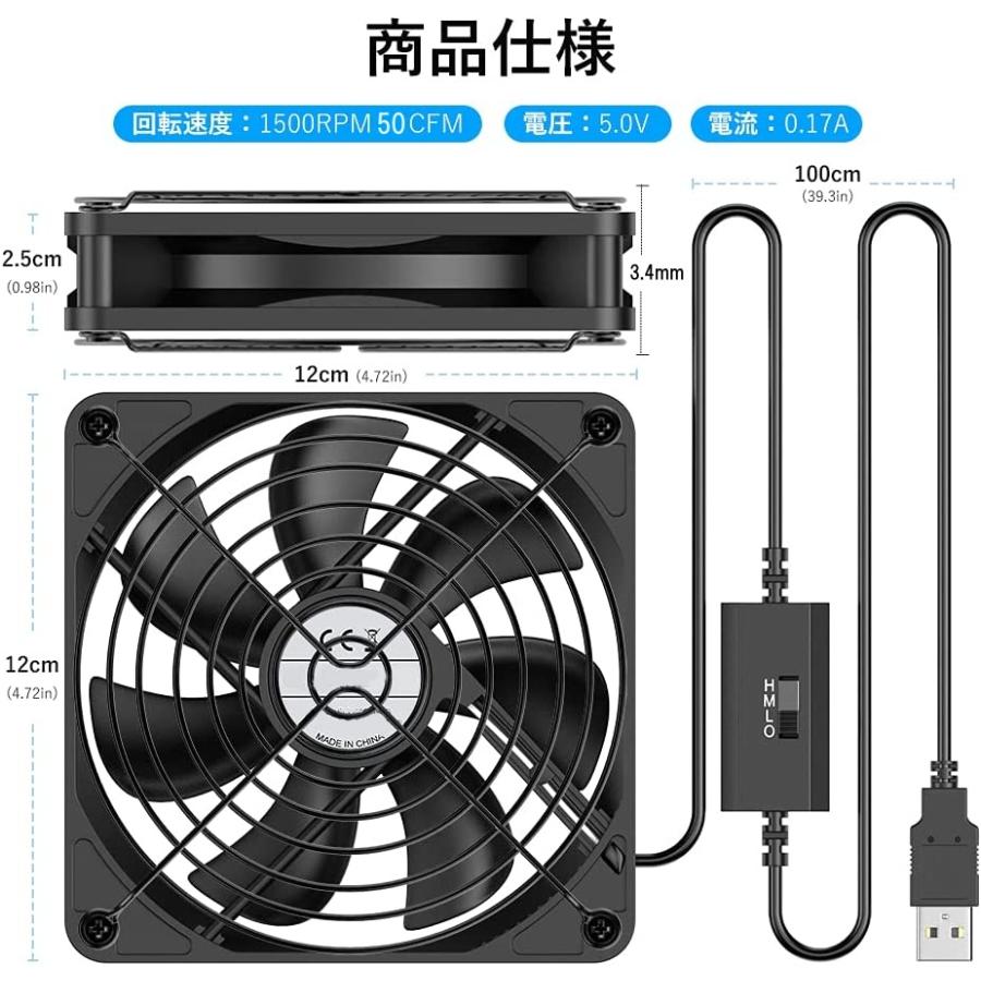 USB ファン 12cm 1連 静音 3段階 風量調節 スイッチ 冷却 小型