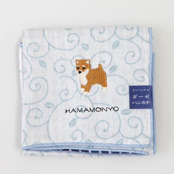 濱文様 リバーシブルガーゼハンカチ 唐草と柴犬 刺繍入り 日本製 3重