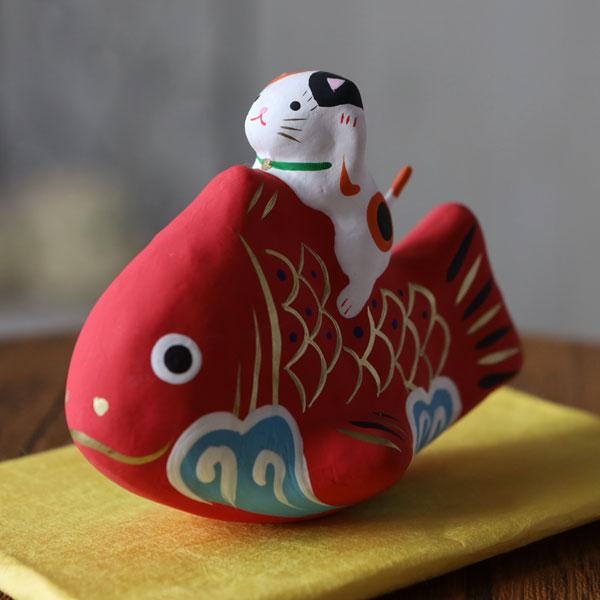 張子 鯛乗り招き猫 みけねこ 一千乃 縁起物 招き猫 張り子置物