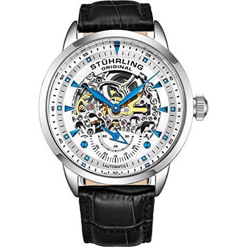 手数料安い Stuhrling オリジナル メンズ 自動巻き スケルトンウォッチ ブラックレザー腕時計ベルト 機械式腕時計 シルバー エグゼクティブウォッチコ 特別価格 Skylanceronline Com