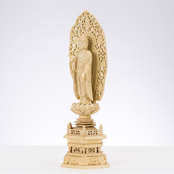 仏像 阿弥陀如来 総柘植 六角台座 3.0寸 金泥書 唐草光背 高さ240mm