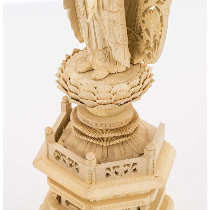 仏像 阿弥陀如来 総柘植 六角台座 3.0寸 金泥書 唐草光背 高さ240mm