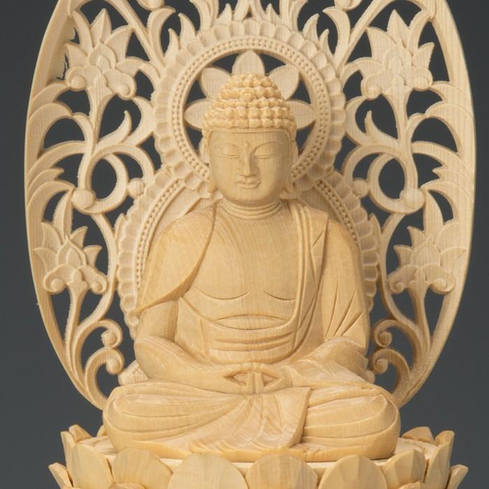 仏像 桧木 阿弥陀如来 座像 八角台座 唐草光背 1.8寸 天台宗 高 仏像 桧木 阿弥陀如来 座像 八角台座 唐草光背 1.8寸 天台宗 高