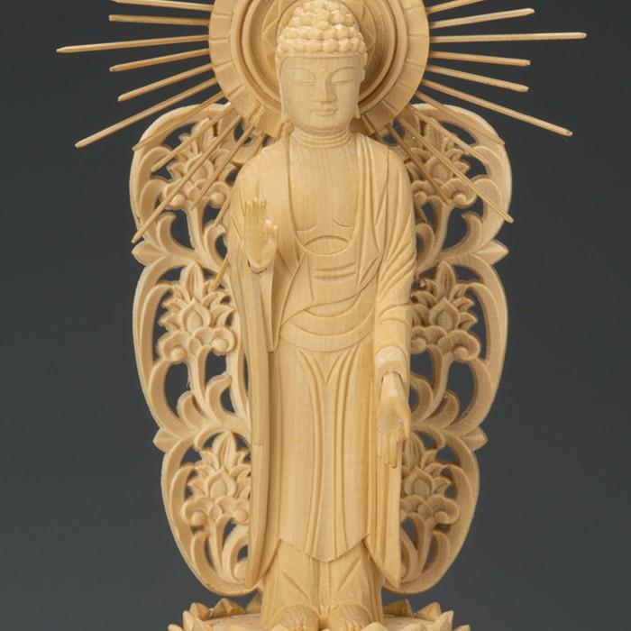 仏像 桧木 阿弥陀如来 立像 八角台座 西型唐草光背 3.0寸 浄土 仏像 桧木 阿弥陀如来 立像 八角台座 西型唐草光背 3.0寸 浄土
