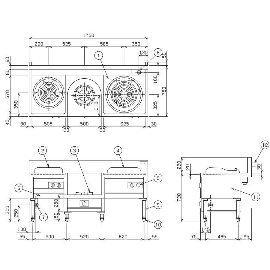 業務用中華レンジ マルゼン maruzen 内管式デラックス型 3口レンジ イタメ釜＋スープ釜＋ソバ釜 MR-503｜nagomishop｜03