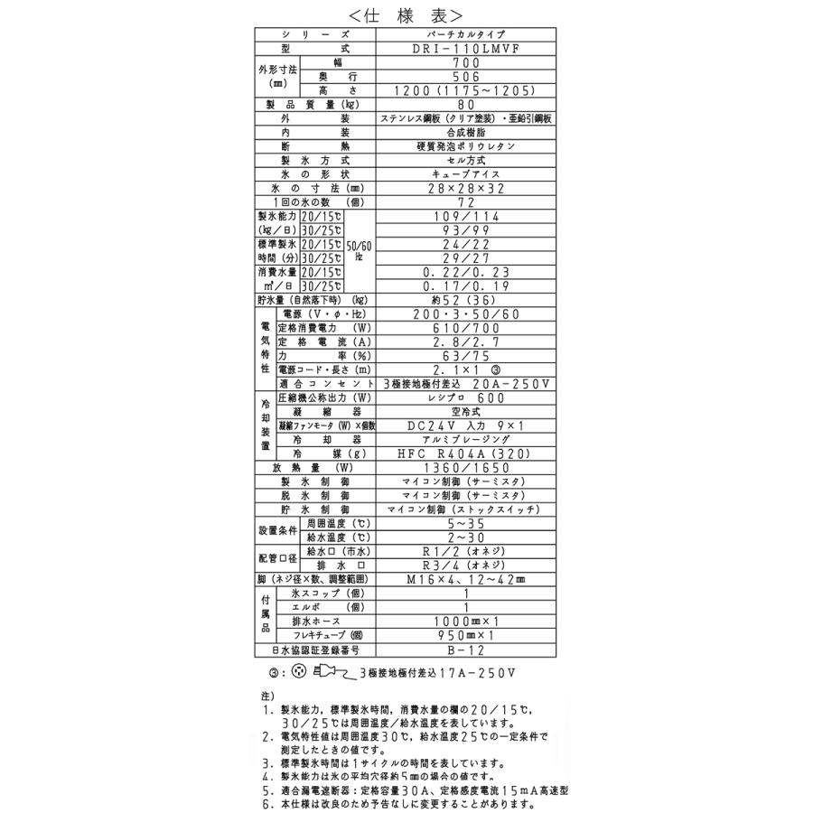 業務用製氷機 大和冷機 キューブアイスメーカー DRI-110LMVF 業務用製氷機 大和冷機 キューブアイスメーカー DRI-110LMVF