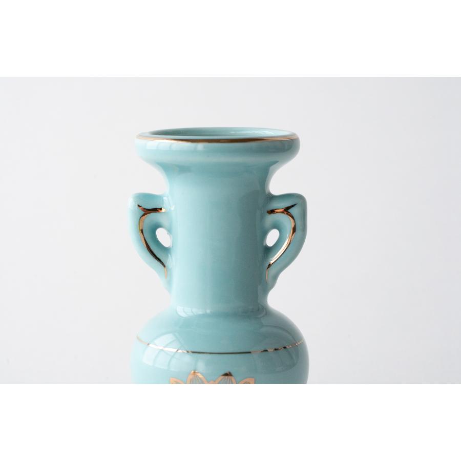 仏花瓶 青磁 金蓮 4号 陶器 金付 11センチ 伝統的 花立 ミニ 花瓶