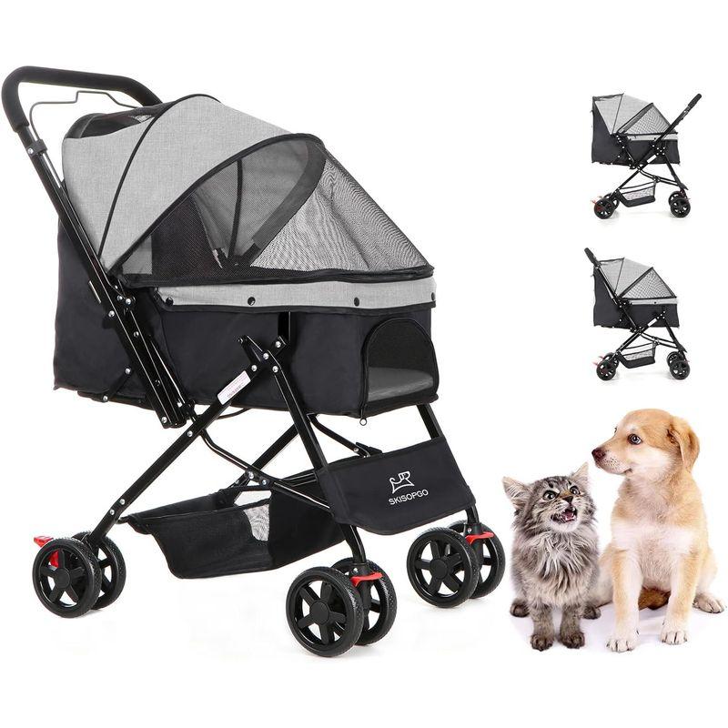 SKISOPGO ペットカート 対面式 ペットバギー 小型犬多頭 中型犬 折りたたみ キャリーカート 安全装置付き 耐荷重20Kg (gra ペットカート 対面式 ペットバギー 小型犬多頭 中型犬 折りたたみ キャリーカート 安全装置付き 耐荷重20Kg gra