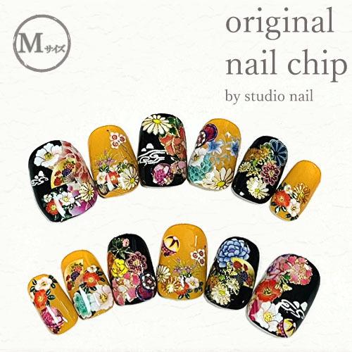 即納 メール便送料無料 ネイルチップ ショート ジェルコーティング付き オレンジ ブラック 和柄 ラウンド