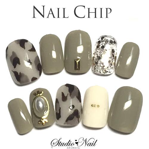 即納 メール便送料無料 ネイルチップ ショート カーキ ヒョウ柄 パール ラウンド ジェルネイルチップ 10枚入り O スタジオネイル 通販 Yahoo ショッピング