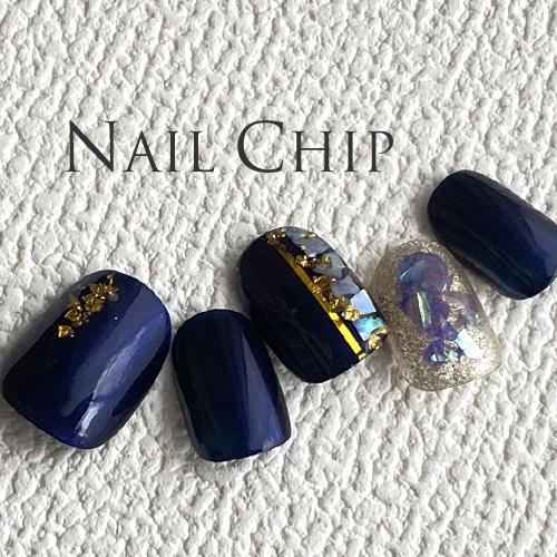 即納 メール便送料無料 ネイルチップ ショート ジェルコーティング付き ネイルチップ ダークネイビー シェル 金箔 ラウンドm O スタジオネイル 通販 Yahoo ショッピング