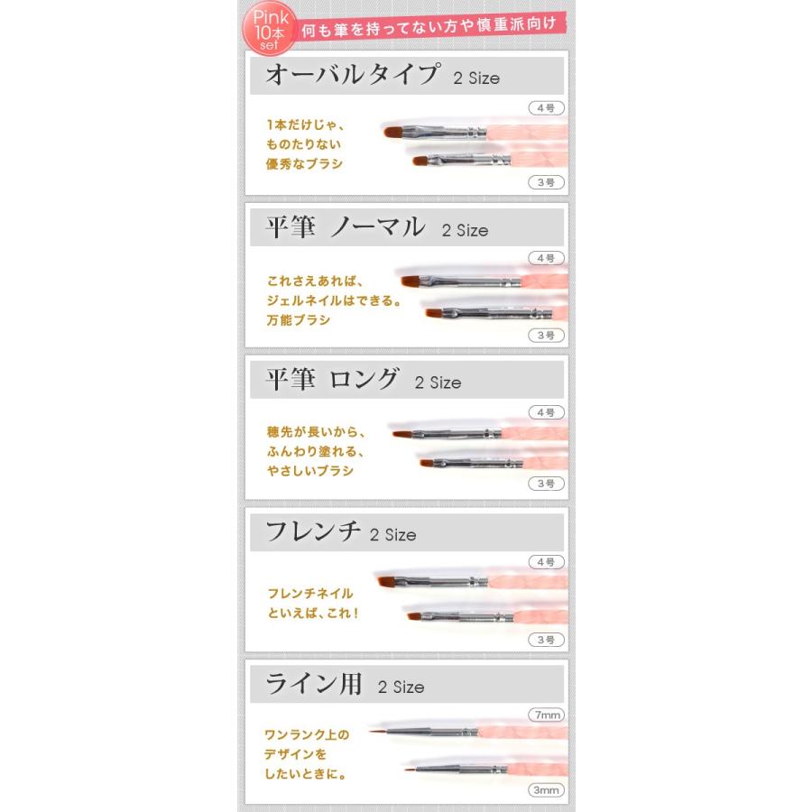 メール便OK】ジェルネイル用筆10本セット 平筆、フレンチ、ラウンド