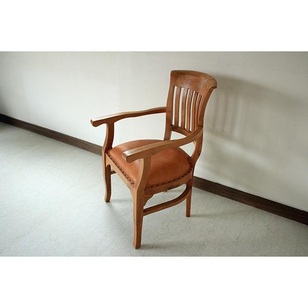 受注生産品 アーム付レザーチェア チーク無垢材 アジアンモダン 椅子 