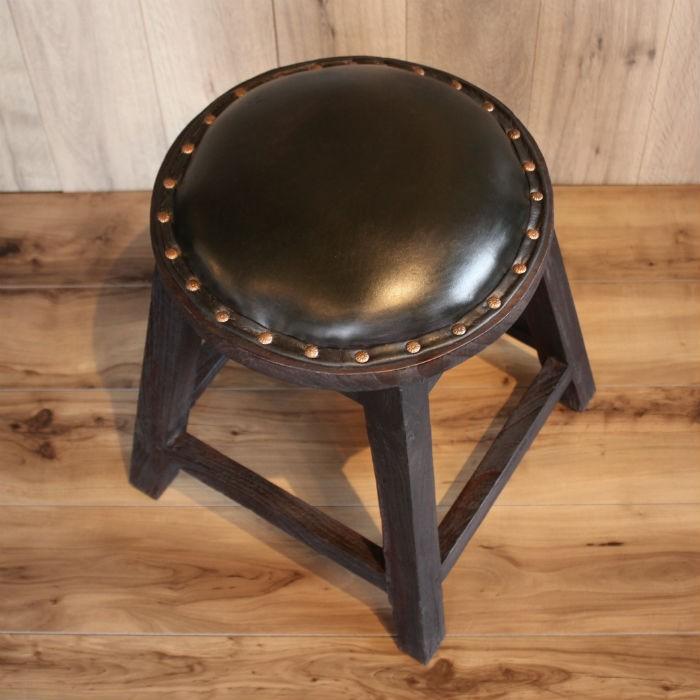 受注生産商品 チーク丸スツール レザークッション 椅子 チーク 無垢材