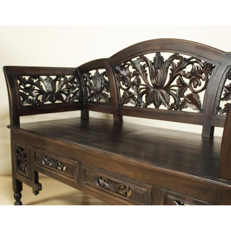 カービングベンチ ダークブラウン 彫刻 木彫り 木製 チーク材