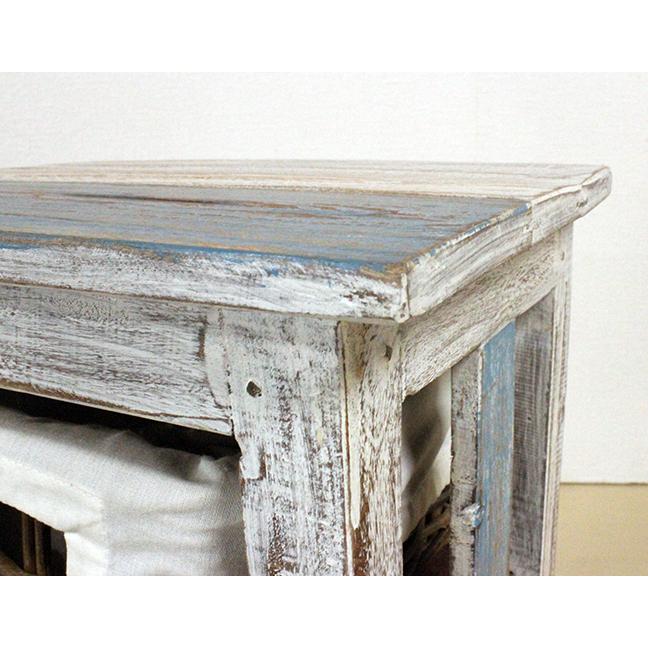 リメイクサイドテーブル ホワイト×ライトブルー 古木 ラタン 収納カゴ