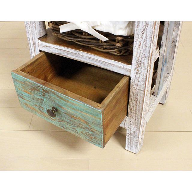 リメイクサイドテーブル ホワイト×ライトブルー 古木 ラタン