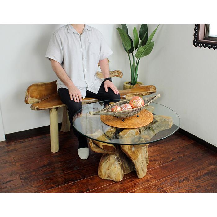 ルーツテーブル80cm×80cm ガラス天板 ラウンドテーブル 円形 一点もの