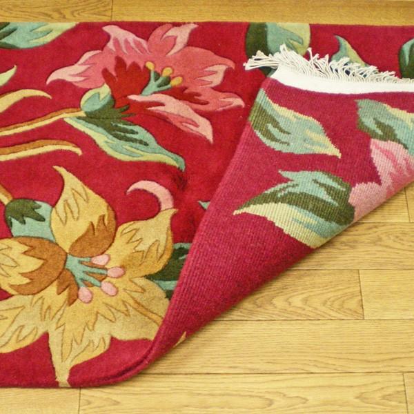天津緞通で赤の花柄 【公式通販】