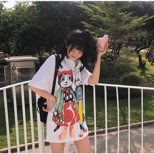 Tシャツ レディース 女性 半袖 カットソー ラウンドネック 長め丈 チュニック イラスト入り 猫 絵本風 かわいい おしゃれ カジュアル 白 Nak0525d ナカマ 通販 Yahoo ショッピング