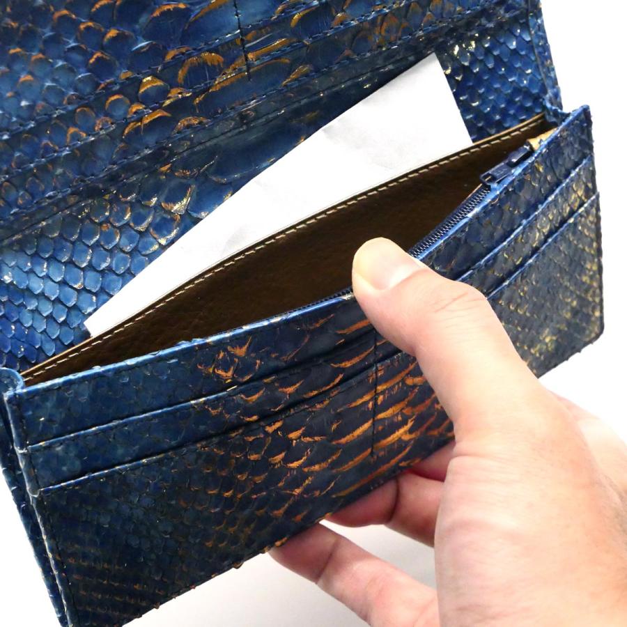 長財布 通しマチ 小銭入れあり / メンズ レディース / 本革 パイソン革 ヘビ革 へび革 ダイヤモンドパイソン / リーフ 群雲染めゴールドの画像