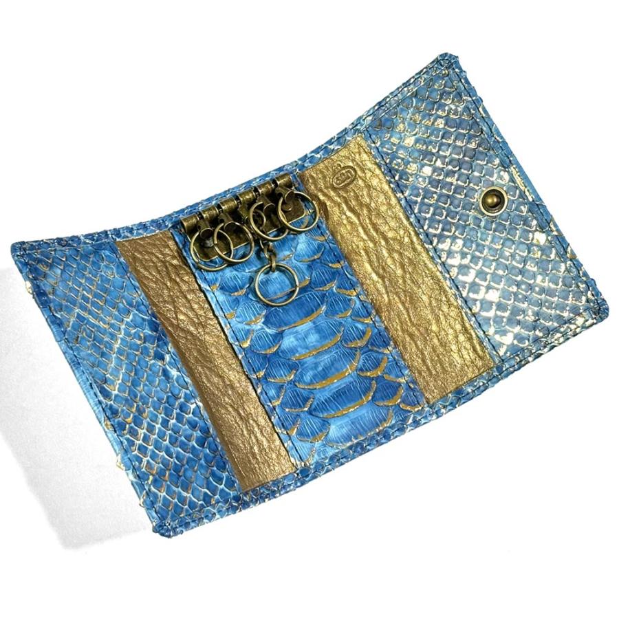 キーケース 5連 三つ折り メンズ レディース 本革 パイソン リーフ