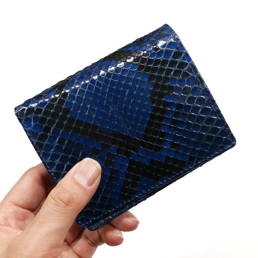 二つ折り財布 ボックス型 小銭入れ付 レディース メンズ 革 パイソン  ヘビ 蛇 へび グレージング 藍染の画像