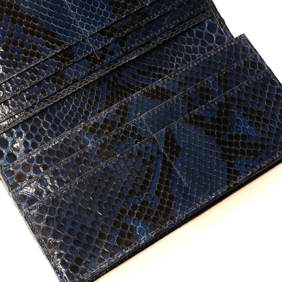 長財布 財布 メンズ レディース 長札 ロング ウォレットパイソン革 蛇革 へび革 通しまち型 小銭入れ付 グレージング 藍染 2の画像