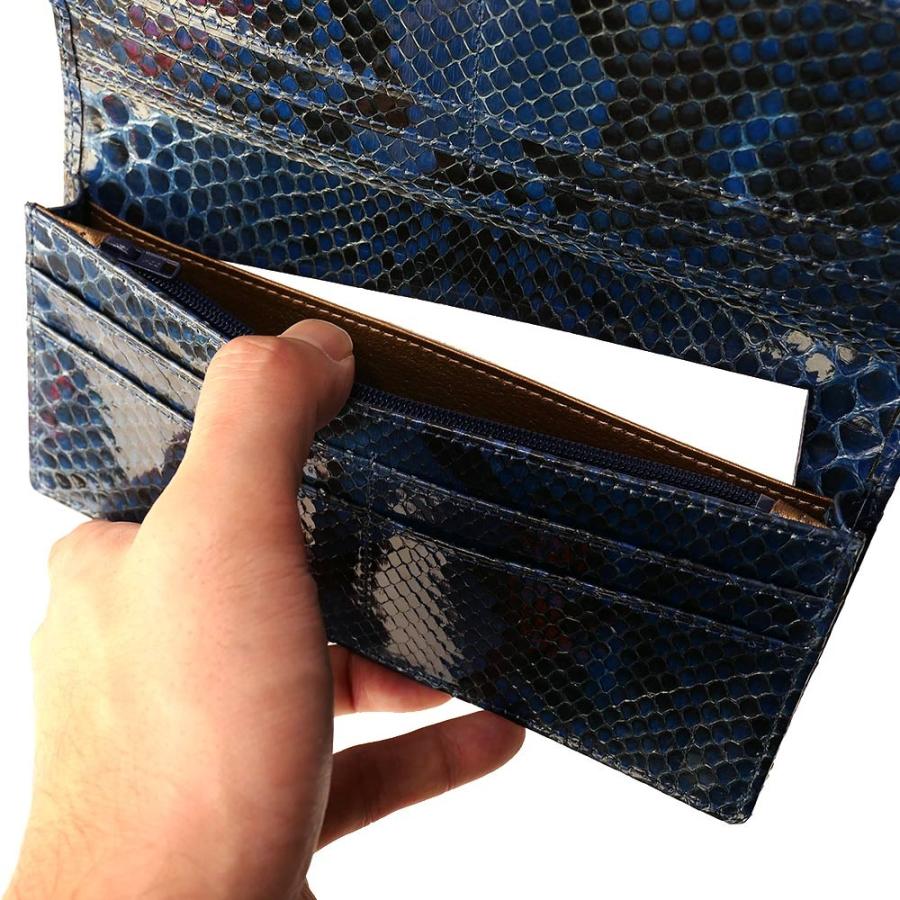 長財布 財布 メンズ レディース 長札 ロング ウォレットパイソン革 蛇革 へび革 通しまち型 小銭入れ付 グレージング 藍染 2の画像