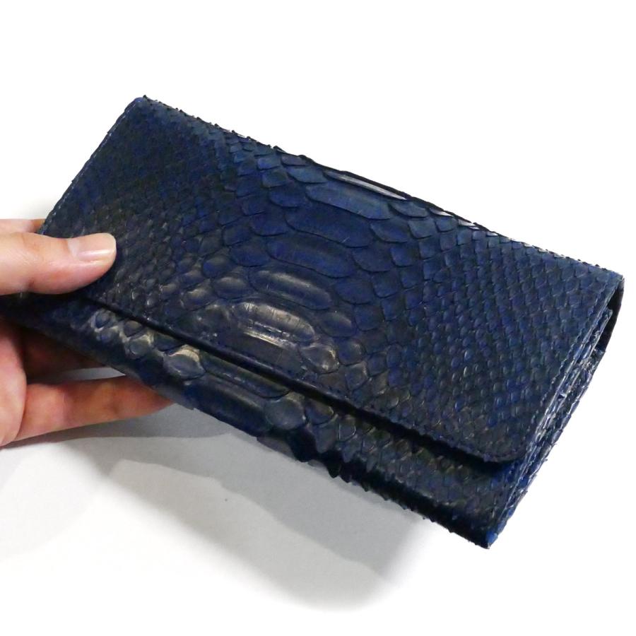 がま口 長財布 かぶせ型 / 本革 パイソン革 ダイヤモンドパイソン 藍染の画像