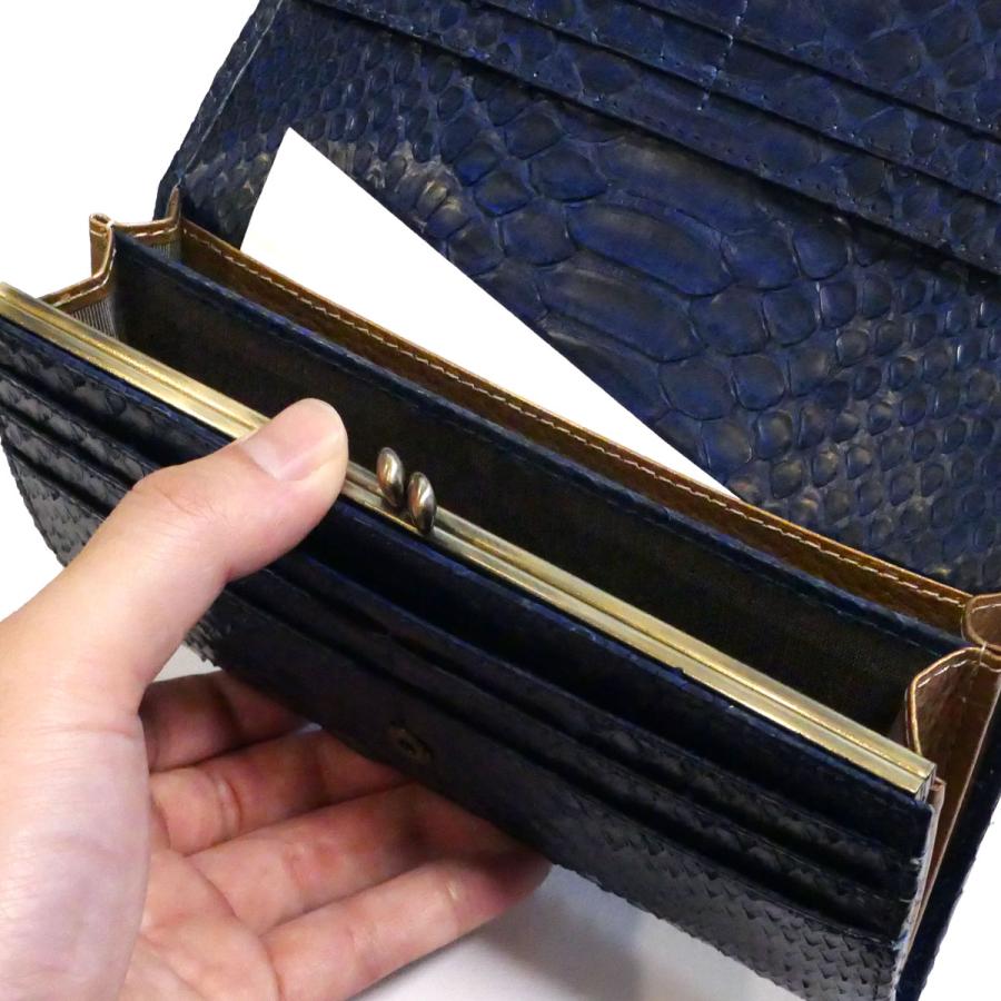 がま口 長財布 かぶせ型 / 本革 パイソン革 ダイヤモンドパイソン 藍染の画像